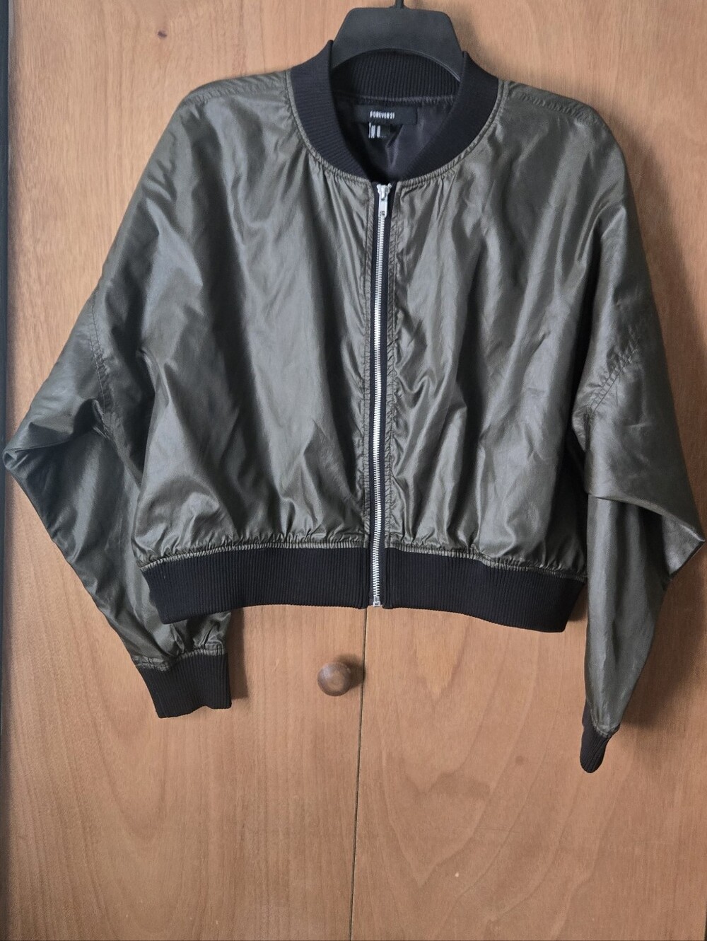 Forever 21 Olive Green Cropped Bomber Jacket with Black Trim